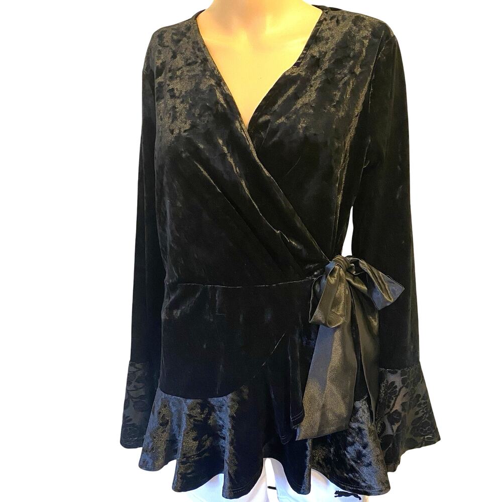 Spense Y2K Black Velvet Blouse Faux Wrap Bow Tie Peplum Dark Whimsigoth Witch M